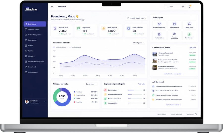 Dashboard amministrativa MyCittadino su laptop